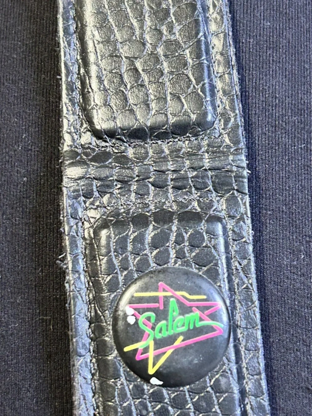 80s/90s Black Leather Crocodile Embossed Money Clip w/ Salem Logo, 4in x 2in